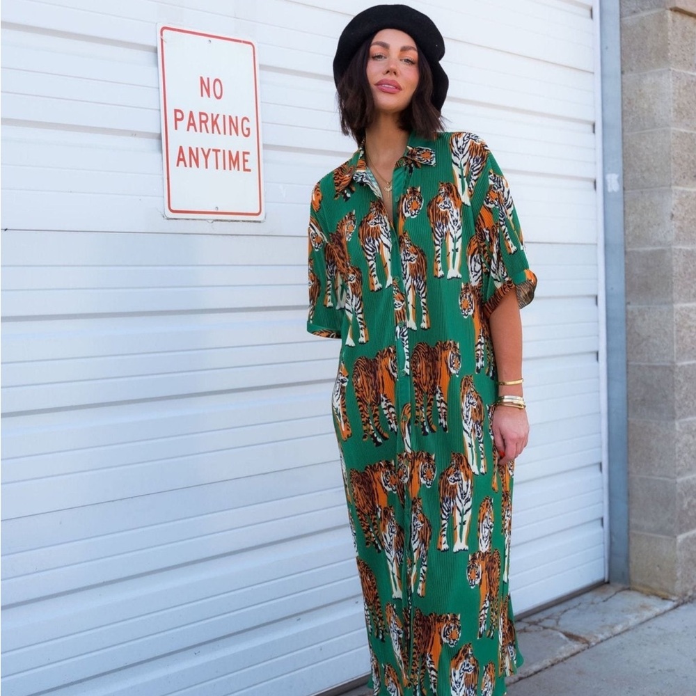 NWT Dressed in Lala So Far So Good Tiger Tales Plissé Shirt Dress Green